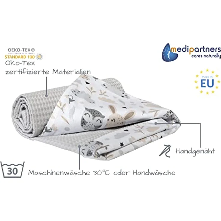 Medi Partners Babydecke Baby Decke Neugeborenen - Kuscheldecke Geschenk Babydecken 75x100 cm für Kleinkinder Mädchen Krabbeldecke Kinderbett Kinderwagen 100% Baumwolle (Lichtung mit Grauer Waffel) – Bild 3