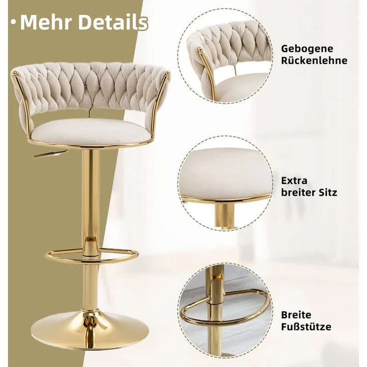 PFCTART Barhocker Samt Barhocker 2er Set, 360° drehbar & höhenverstellbar (Set, 2 St, Goldene Basis, für Küche, Esszimmer & Kücheninsel), Handgefertigte Rückenlehne, weich gepolstert, luxuriöser Samt – Bild 3