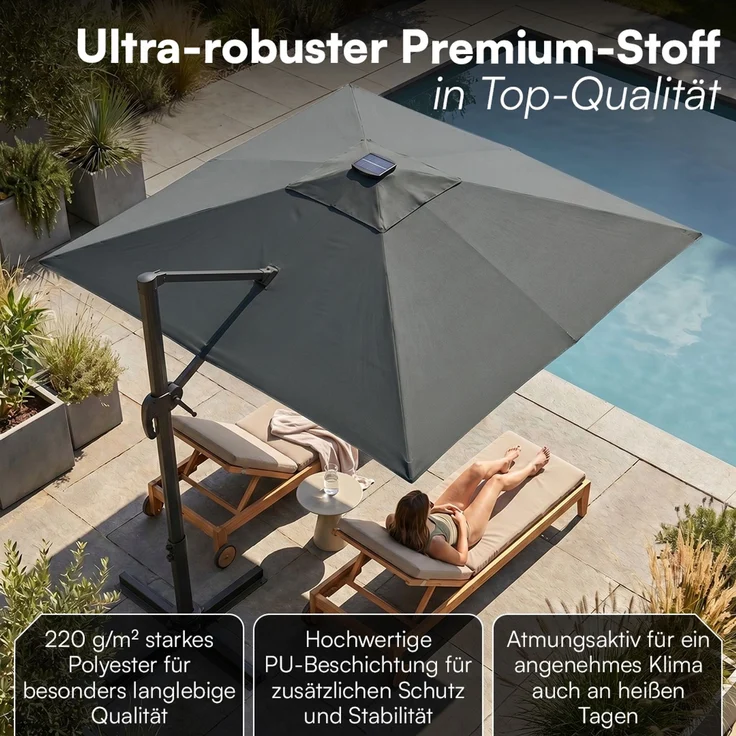 STEELSØN 'Elaris' Premium Sonnenschirm 300x300 cm quadratisch mit LED, neigbar und 360-Grad drehbar, anthrazit, Ampelschirm inkl. Hülle, extrem robuste Metall-Stange, 220 g/m² Polyester, UV50+ – Bild 6