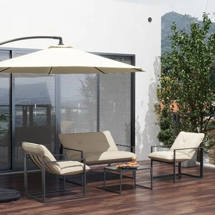 Outsunny Gartenmöbel Set 4 Personen Stahl wetterfest Balkonmöbel-Set mit 2er Sofa, Sessel Glastisch Sitzkissen Outdoor Sitzgruppe Terrassenmöbel Gartengarnitur für Garten Terrasse Balkon Grau+Beige – Bild 10