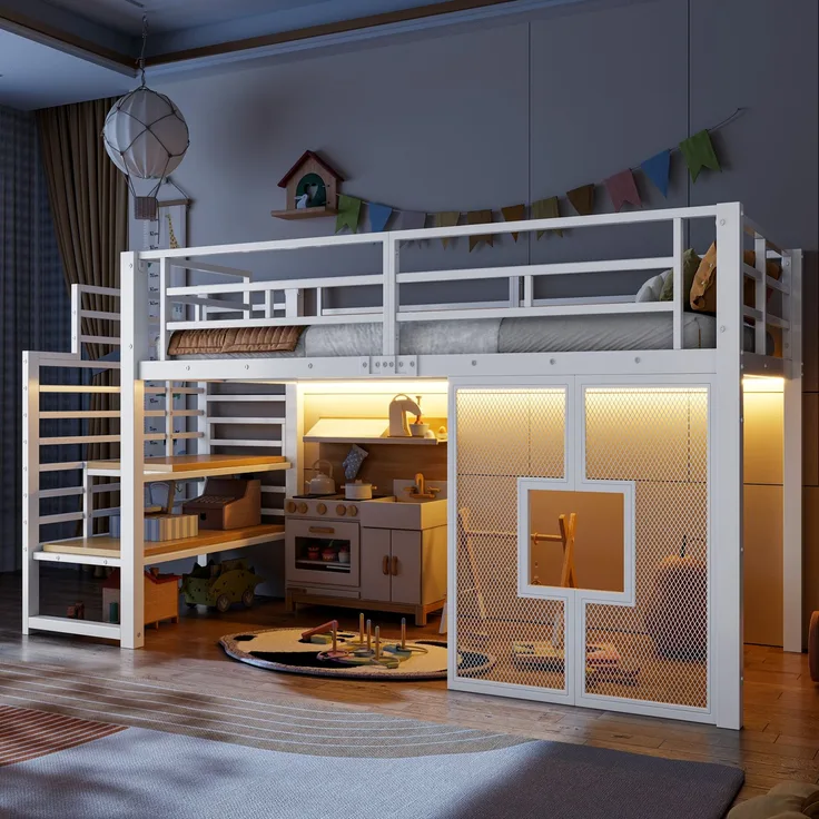 U-life Metall-Hochbett 90x200 cm mit Stauraumtreppe, LED-Beleuchtung und Fenster, Weiß