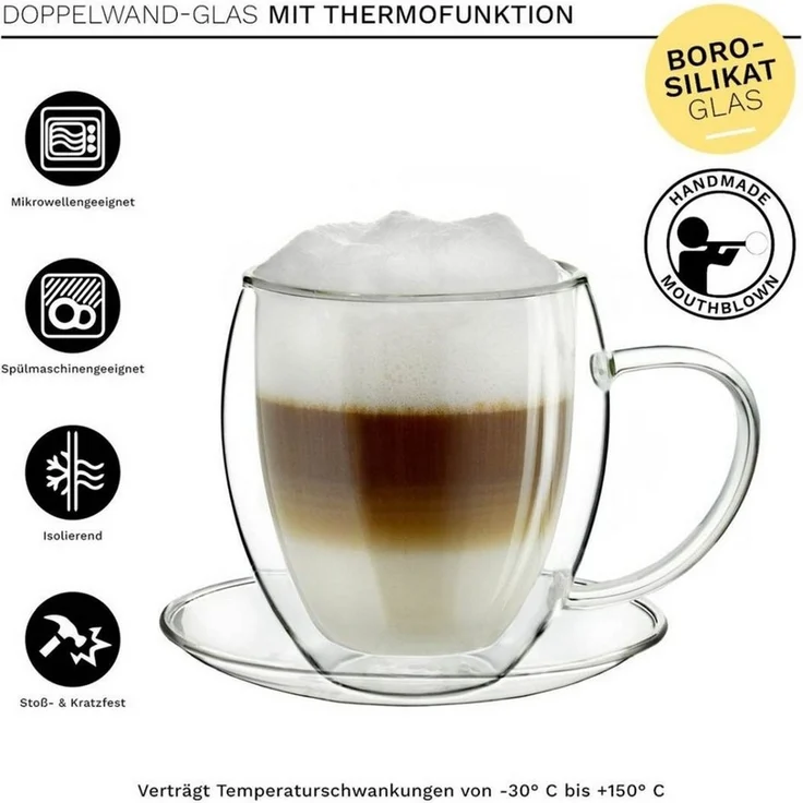 Creano Teeglas Thermotasse 6er-Set doppelwandig mit Untertasse 250ml, Borosilikatglas, 6 Gläser – Bild 2