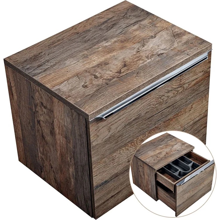 Badezimmermöbel Waschtisch-Unterschrank Set 60cm PUEBLA-56 Vintage Oak Eiche, 40cm Keramik-Waschbecken, 2 Softclose-Schubkästen, B/H/T 60,4/62,5/46 cm – Bild 3