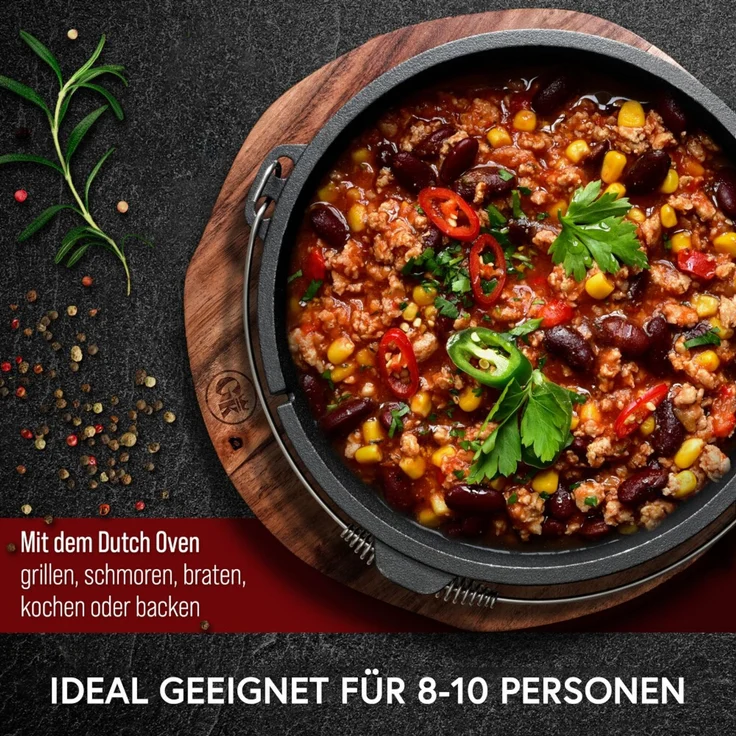 Dutch Oven 12 l ohne Füße aus Gusseisen – vorgebrannt mit Deckelheber & Edelstahl-Untersetzer inkl. Rezeptbuch für Grill Outdoor & Küche – Bild 5