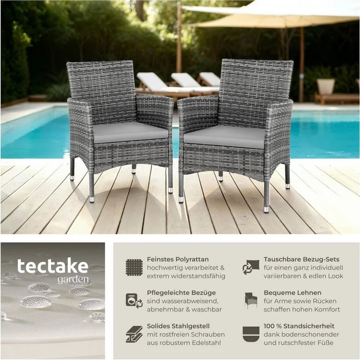 tectake Rattanstuhl 2er-Set Terrassenstühle, jeweils 59 x 57 x 85 cm, UV-beständig (Balkonstühle Nantes, 2 St), Polsterbezüge in Beige und Grau – Bild 2