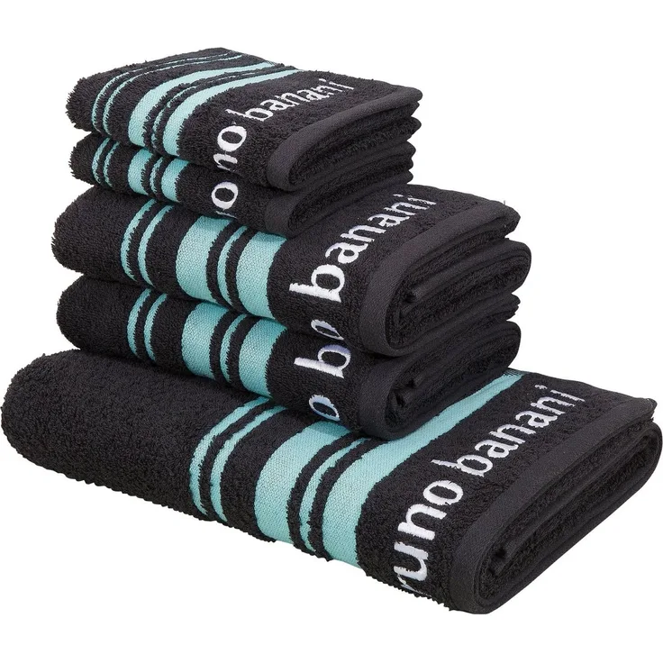 Bruno Banani Handtuch Set Daniel, 1 Duschtuch 70x140, 2 Handtücher 50x100, 2 Gästetücher 30x50, Walkfrottee (Set, 5-St), Streifen-Bordüre & Markenlogo, weich, 100% Baumwolle