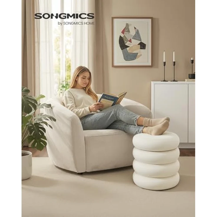 SONGMICS LOM018LH01 Schminktischhocker, rund, mit Aufbewahrung, gepolsterte Fußstütze, Abnehmbarer Deckel, Wohnzimmer, Schlafzimmer, Flur, einfach zu montieren, 43x47 cm, Samt, Cremeweiß – Bild 4