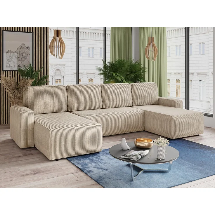 Wohnlandschaft mit Schlaffunktion Roma - U-Form Couch, Schlafsofa mit Bettkasten, Couchgranitur mit Bettfunktion, Big Sofa, Cord Stoff (Beige (Poso 100)) – Bild 2