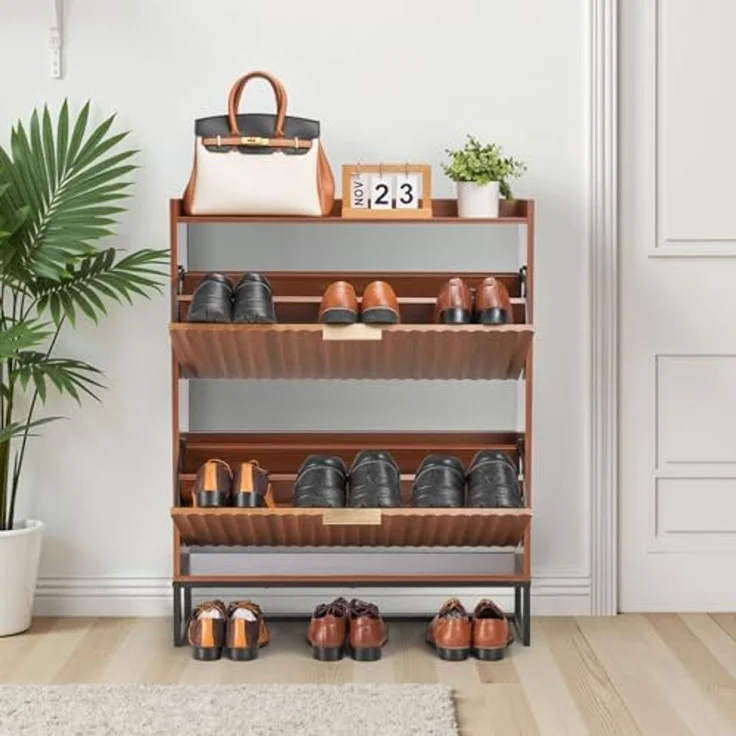 VEVOR Schuhschrank mit 2 Klappen, platzsparender Schuhkipper & Kippschutz, freistehender Schuhregal-Organizer für den Eingang Flur Wohnzimmer Veranda, Schuhregal 80 x 24 x 100 cm Braun – Bild 2