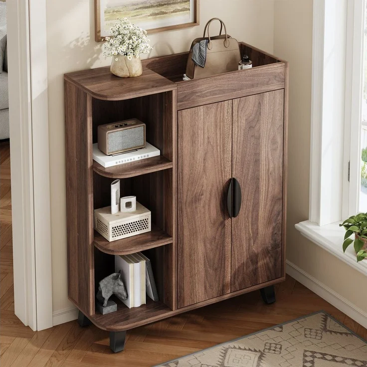 MODFU Schuhschrank 80x99x32 cm mit offenen Fächern, Nussbaum (Packung, 1-St, schmal, Mehrzweckschrank für schmale Eingangsbereiche) Doppeltüriger Schuhschrank in Holzoptik, Kombination aus geschlossenen – Bild 2