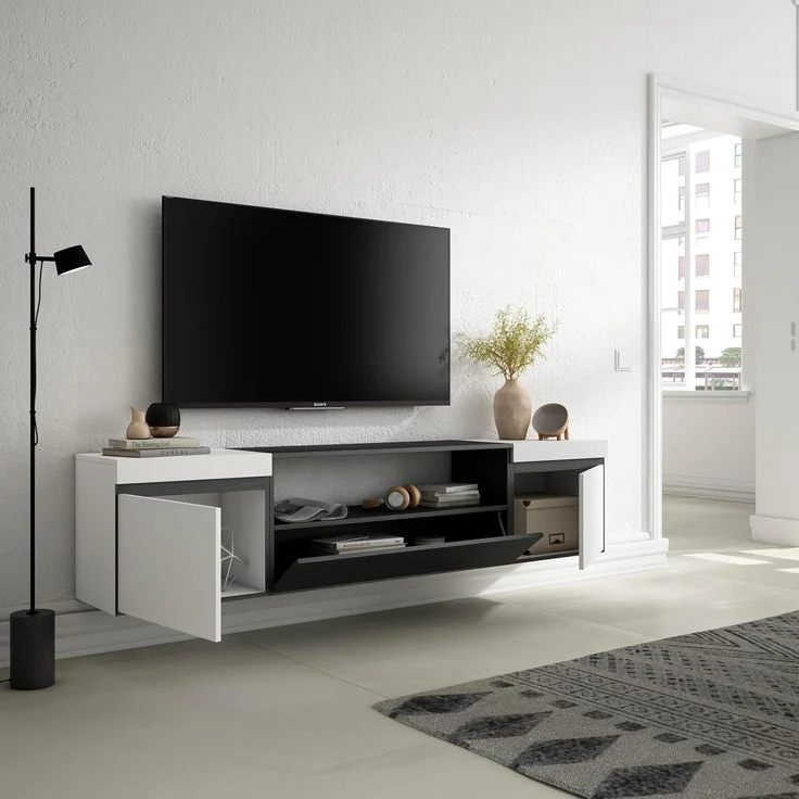 Skraut Home | TV-Schrank, Lowboard | für Wohnzimmer und Esszimmer | 200 x 45 x 35 cm | Für TV-Geräte bis zu 80" | Hängend | Moderner Stil | Weiß und Schwarz – Bild 4