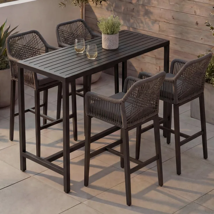 Set Bartisch + 4x Barhocker HWC-P91, Barstuhl Stehtisch, Outdoor Sitzpolster Seilgeflecht Metall ~ anthrazit