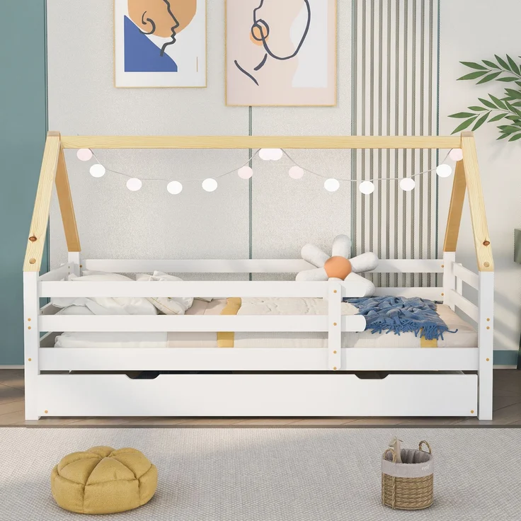 Baumhausbett, Tagesbett, Einzelbett, Kinderbett, Ausziehbett, Schiebebett mit Rollen unten, Massivholz, weißes Bett, naturfarbener Dachstuhl (90x200 & 90x190CM) – Bild 3