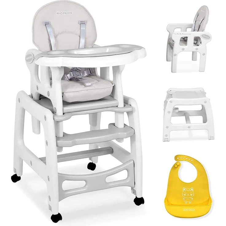 Kinderhochstuhl Babyhochstuhl Mitwachsender Multifunktions Hochstuhl 5in1 Tisch + Babystuhl regulierbar Schaukelfunktion SINCO Ricokids (Grau)