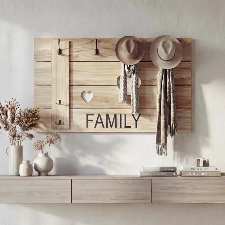 Wandgarderobe HWC-C89 Family, Garderobenpaneel Garderobe, Shabby-Look Vintage, 8 Haken 60x90cm ~ naturbraun