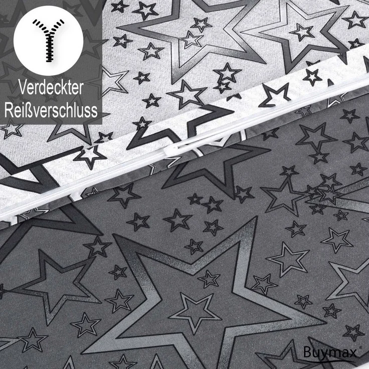 Buymax Bettwäsche Bettbezug-Set, Renforce: 100% Baumwolle, 3 teilig, 200x200 cm, mit Reißverschluss, Sterne Muster, Weiß Grau – Bild 4