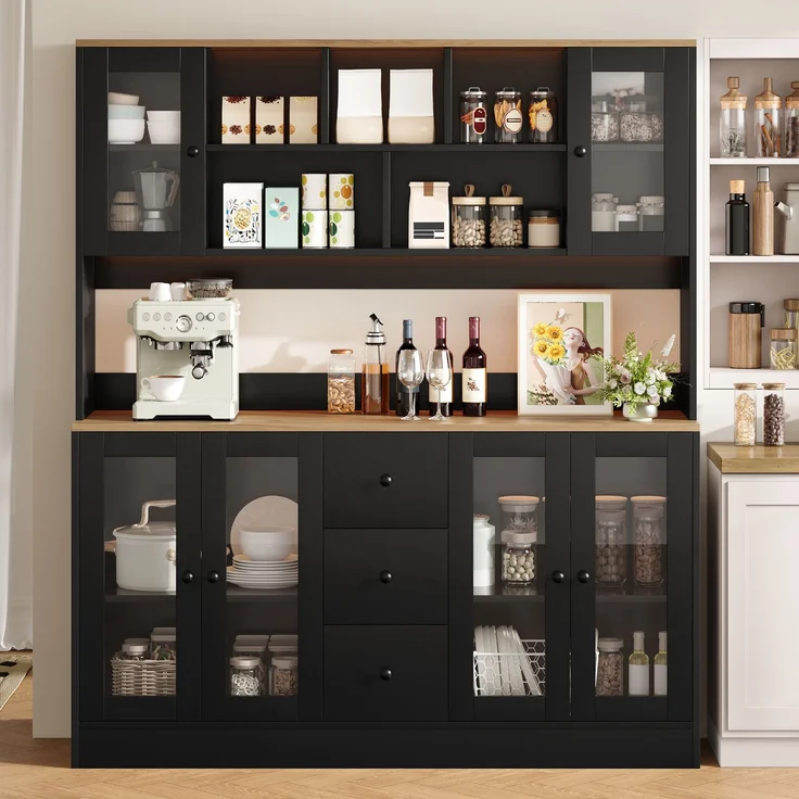 Küchenschrank, hoher Aufbewahrungsschrank mit LED-Beleuchtung und Steckdosen, Vorratsschrank mit 6 Acryltüren und 3 Schubladen, Vitrinenschrank für Wohnzimmer und Esszimmer, 150 × 40 × 173 cm--Schwarz + Natur--150x40x173cm--YOUDENOVA – Bild 2