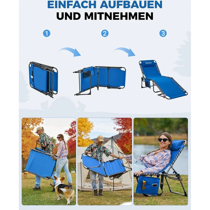 KingCamp Campingliege Sonnenliege Gartenliege klappbar 5-Stufig Verstellbarer Rückenlehne Liege Gartenstuhl Strandliege Camping Klappbett mit Kopfkissen für Garten Urlaub Outdoor Strand Pool – Bild 7