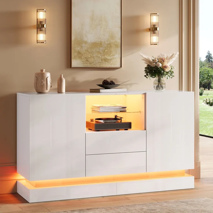 ZUBALIYA Sideboard 140x40x80 cm, mit LED-Beleuchtung, Hochglanz, mit 2 Türen, aus Spanplatte, Weiß – Bild 9