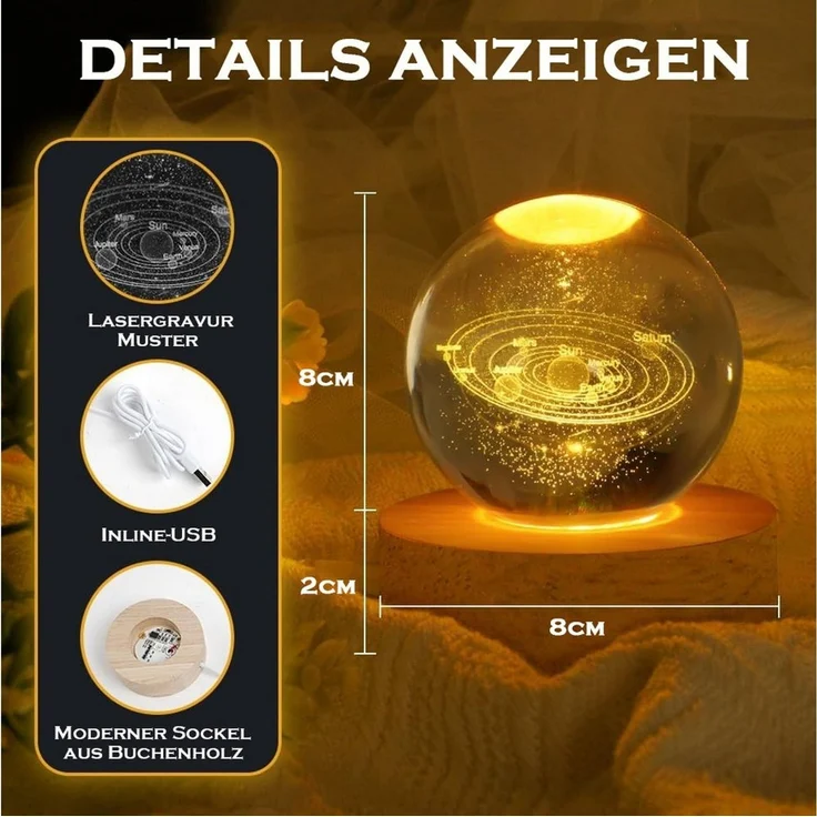 TUWENA LED Nachtlicht 3D Kristall Kugel Nachtlicht, 8cm Glaskugel-Nachtlampe mit Holzsockel, USB betrieben kugeln Lampe, Dekorationen, Geschenke für Frauen, Kinder – Bild 1