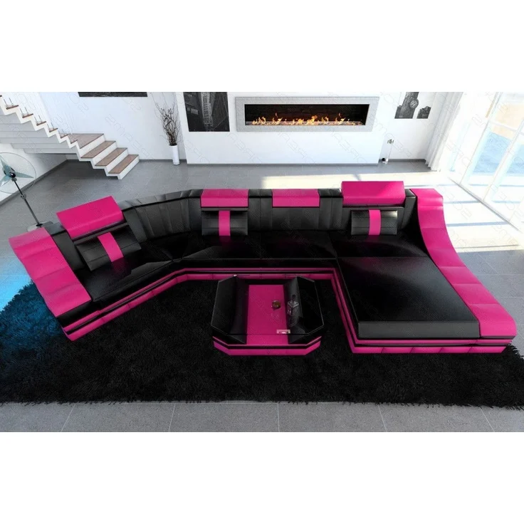 Sofa Dreams - Mini Luxus Wohnlandschaft Turino C-Form mit LED - Echtleder - Schwarz-Pink - Rechts – Bild 4