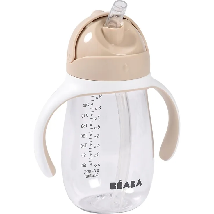 BÉABA 2-in-1 Lernflasche & Strohhalmbecher 300 ml – 100% Auslaufsicher, Einfach zu Öffnen, Abnehmbare Griffe, Hergestellt aus Tritan & Silikon, Robust & BPA-frei – Farbe Argile