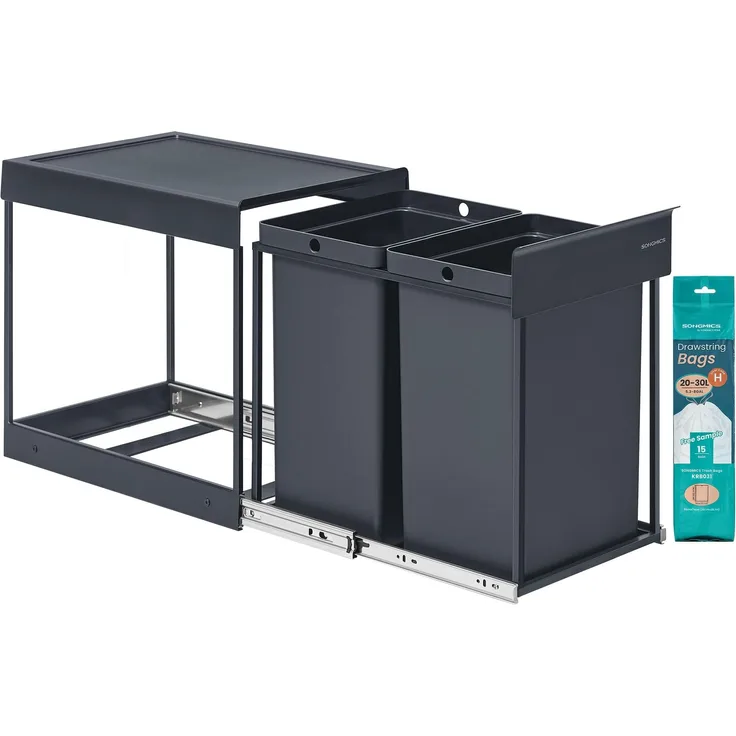 SONGMICS Mülleimer küche, Mülltrennsystem für Unterschrank, 2x20 L, Abfalleimer 2 Fächer, ausziehbar, Stahlrahmen, ABS-Deckel, grau LTB951GZ01