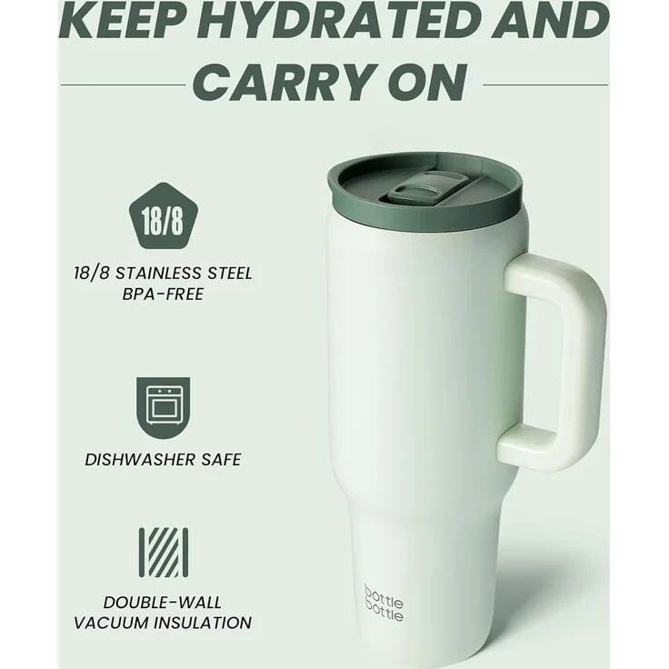 bottlebottle 40oz(1.1L) Edelstahl Kaffeebecher Griff Strohhalm Reise Büro Uni – Bild 3