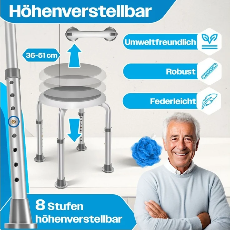KESSER® Duschhocker höhenverstellbar 8 Stufen | Leichter Badhocker rutschfeste Gummifüße Duschstuhl 136KG belastbar | Duschhilfe Senioren | Saugnapf Haltegriff Badewannengriff | Duschsitz 360° drehbar Weiß / Grau – Bild 3
