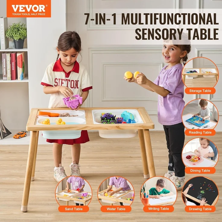 VEVOR Sensoriktisch für Kleinkinder Aktivitätstisch mit 3 faltbaren Aufbewahrungsbehältern & doppelseitiger Tafel, Sand- und Wassertisch Sensoriktisch für Kinder aus Holz zum Zeichnen Lernen Essen – Bild 2