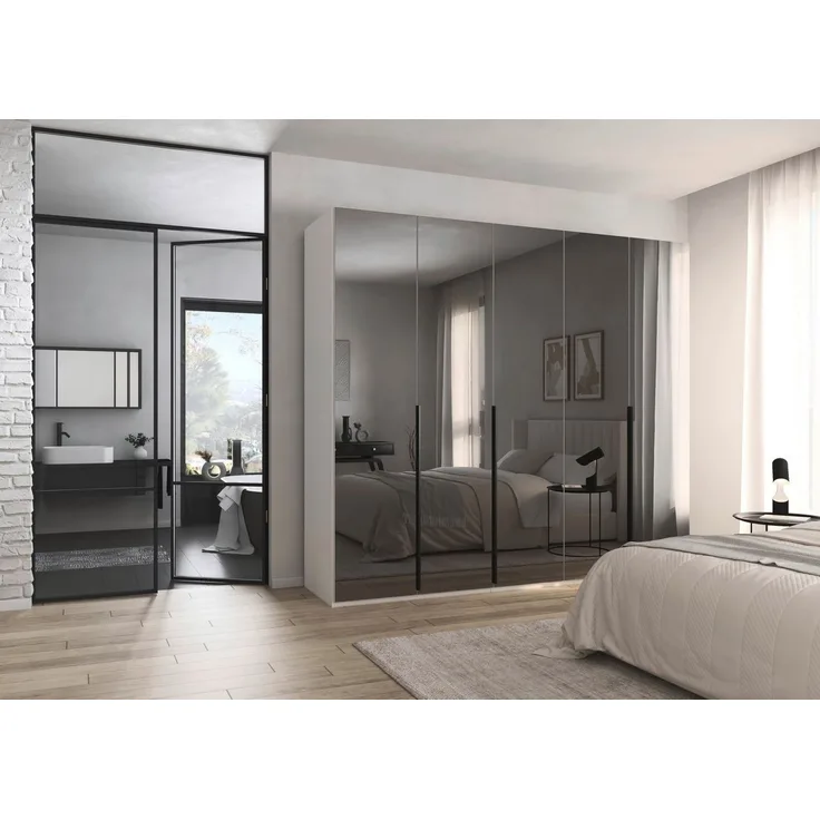 rauch Kleiderschrank Drehtürenschrank Schrank Garderobe Wäscheschrank BESTSELLER MONTCLAR (3 Ausstattungen BASIC/CLASSIC/PREMIUM (SOFT-CLOSE), Breiten 201-400 cm) Front in Glas/Hochglanz/Dekor/Grauspiegel in 5 Breiten MADE IN GERMANY