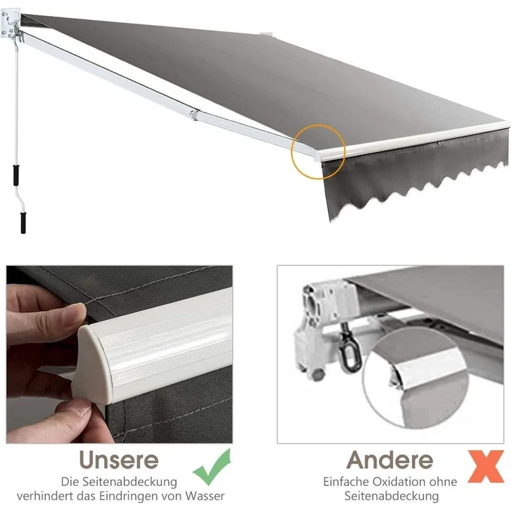 COSTWAY 2,5x2 m Gelenkarmmarkise Sonnenmarkise Balkonmarkise Terrassenmarkise Klemmmarkise mit UV- und wasserbeständigem Material, Aluminiumrahmen und -kurbel, fuer Balkon und Veranda Grau – Bild 3