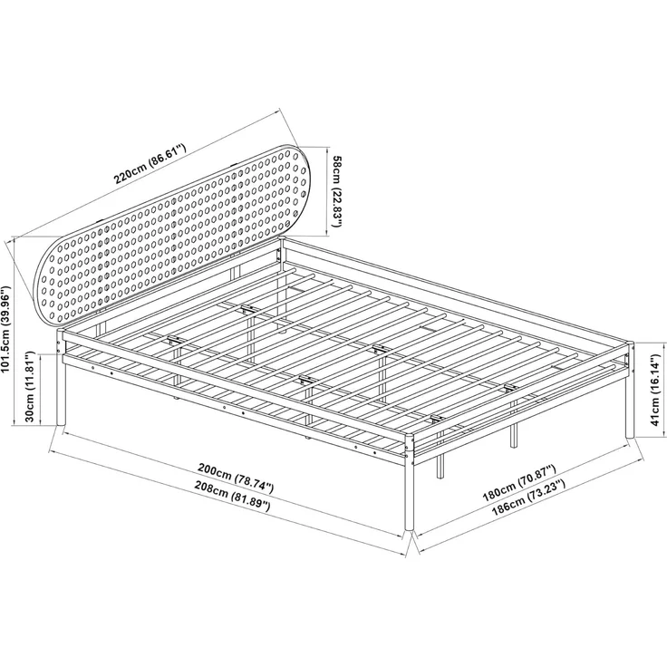 Metallbett Linköping mit ovalem Kopfteil 180x200 cm Schwarz/Rattanoptik [en. casa] – Bild 2