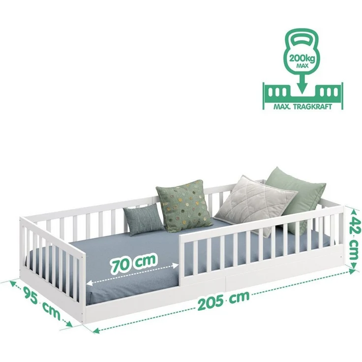 CADANI Timi 2in1 Bodenbett 90x200 cm Montessori Kinderbett mit abnehmbaren Rausfallschutz inkl. Lattenrost, Kiefer Massivholz, weiß - 3 Aufbauvarianten, bis 150 kg belastbar, umbaubar – Bild 3