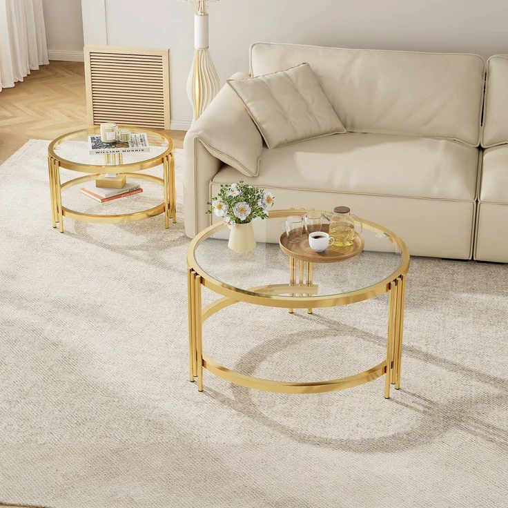 Couchtisch 80x80x45 cm – Quadratischer Glastisch mit goldfarbenem Metallgestell – Bild 1