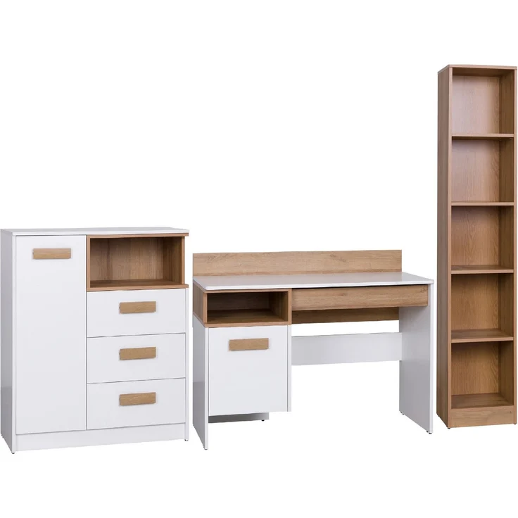 Marmex Möbel Grant Set-L Jugendzimmer-Set 3-teilig mit Bücherregal, Kommode mit Schubladen, Schreibtisch, Kinderzimmermöbel mit Schreibtisch, laminierte Spanplatte, Kleiderstange, weiß+riviera Eiche, 224x195x55 cm – Bild 5