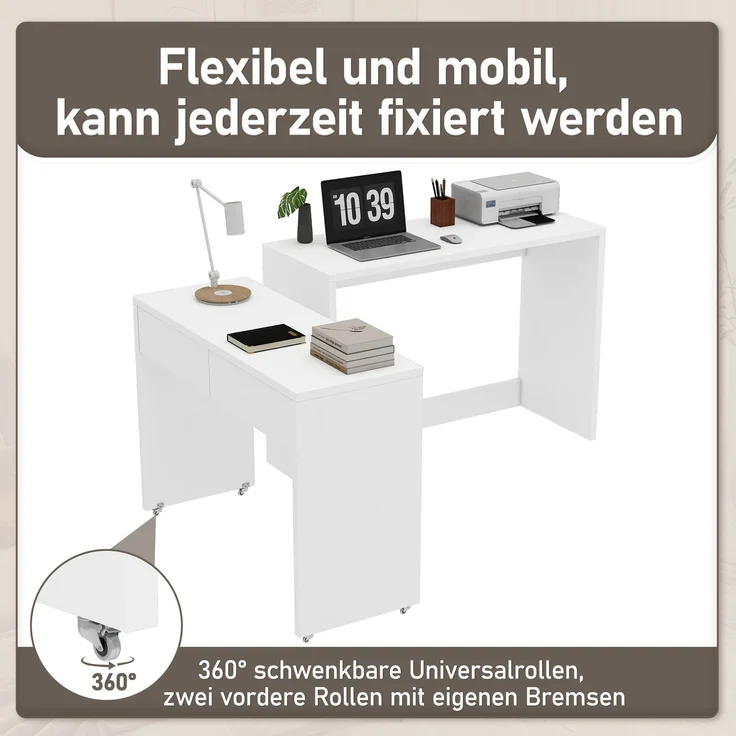 Regalschreibtisch + Kommode-2-in-1 Kompaktschreibtisch, ausziehbar,der gesamte Tisch ist aus 1,8 cm starkem Holz gefertigt, mit Rollen ausgestattet, flexibel kombinierbar,Faltbarer Schreibtisch – Bild 3