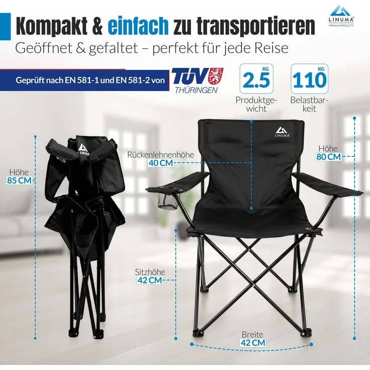 LINUMA® Faltstuhl BLAU Campingstuhl Anglerstuhl mit Getränkehalter & Tragetasche – Bild 3