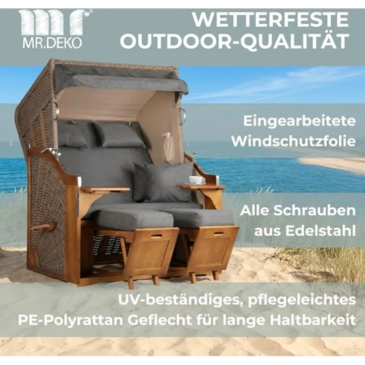 MR. DEKO Strandkorb 2-Sitzer Schleswig Pinie Braun PE Mokka, aufgebaut geliefert, BxTxH: 120x80x160 cm, 2-Sitzer, Schleswig, (Zweisitzer Strandkorb mit Bistrotischen & Fußstützen), Bereits montiert, UV-beständig, Volllieger & Edelstahl-Beschläge – Bild 6