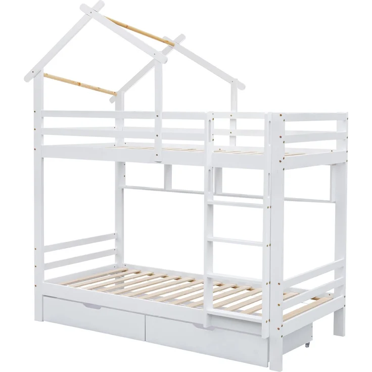 Merax Etagenbett mit Schubladen und Regalen, Hausbett mit dreistufige rechtwinklige Leiter, Kinderbett mit Fallschutz und Gitter, Rahmen aus Kieferholz, Weiß (90x200cm) – Bild 7