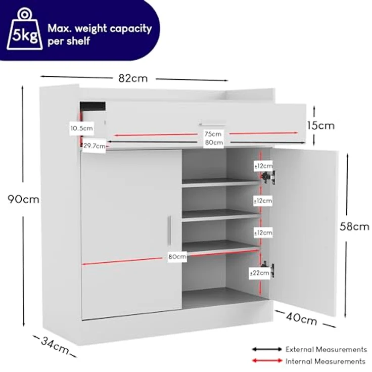 Vida Designs -Dalby Moderner Schuhschrank, 2-türig, 1 Schublade, Flur Schrank Stauraumorganisation Schuhständer Regal Holz Sideboard-Einheit, Weiß, 90 x 34 x 83 – Bild 3