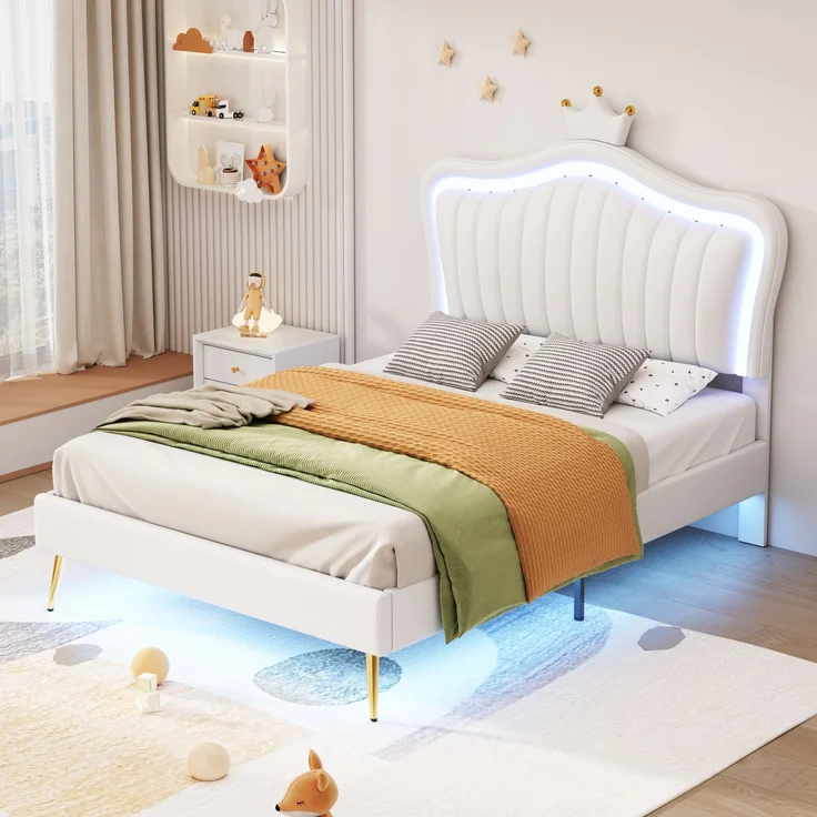 Kinderbett mit Muschel-Kopfteil und Krone, LED-Licht mit Farbwechsel, höhenverstellbarem Kopfteil, stabiler Holzlattenbasis – Bild 4