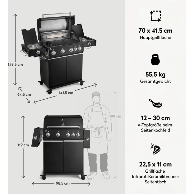 BURNHARD® Big FRED Deluxe+ Gasgrill 4-Brenner, Gusseisenrost, Schwarz-Matt - Schwarz - #947147 – Bild 3