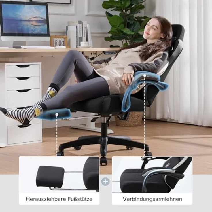 GTPLAYER Gaming Stuhl Ergonomischer Gaming Sessel Schreibtischstuhl mit Stoffoberfläche, Federsitzkissen, Verbindungsarmlehnen und Fußstütze schwarz – Bild 9