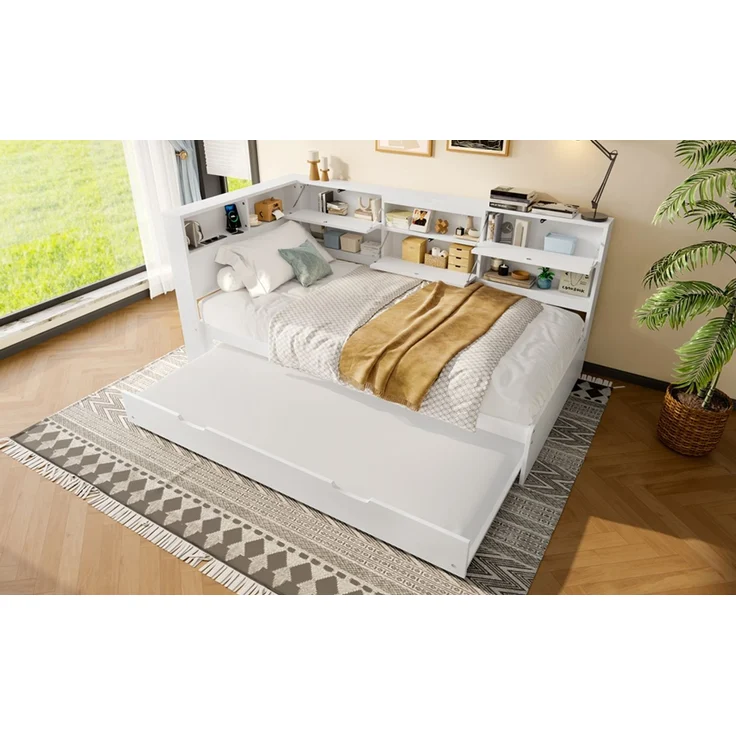 EINHOM Daybett, Schlafsofa, 90 x 200 cm, Kopfteil mit Staufach, Ausziehbares Bett, Weiß, (Ohne Matratze) – Bild 6