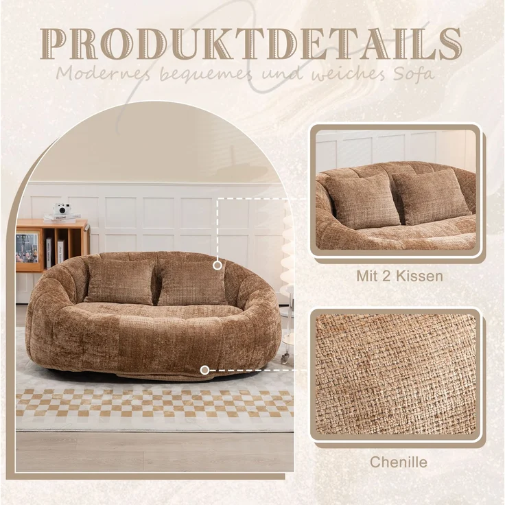 Bean Bag Sofa Lounger 150x95x63 cm, Kaffee Chenille, hohe Rückenlehne, Indoor/Outdoor – Bild 5