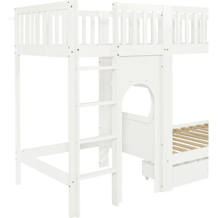 Etagenbett mit Regal, Schrank, Lattenrost und Treppe, 90x200cm, Kinderbett mit Rausfallschutz, Hochbett, Kiefer – Bild 8
