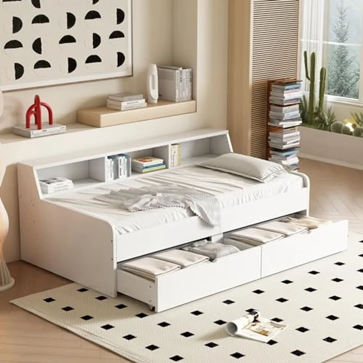 SOFTWEARY Jugendbett mit Lattenrost und Schubladen (90x200 cm), Einzelbett, Massivholzbett – Bild 1