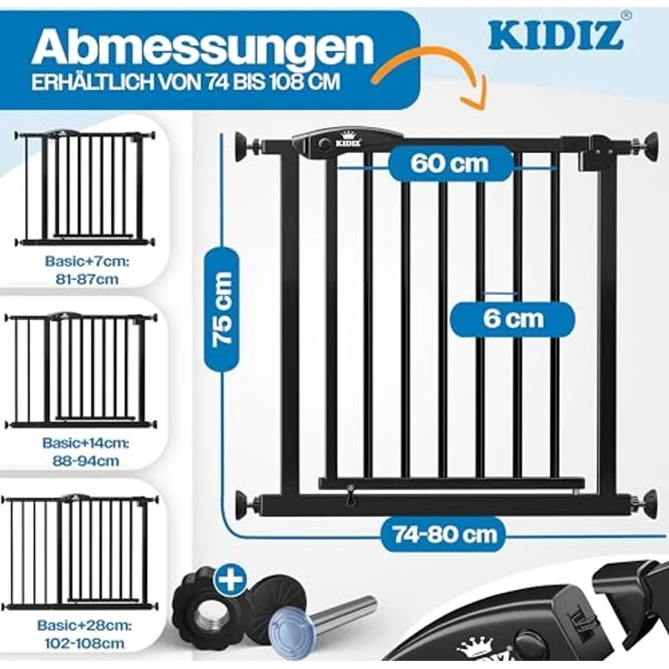 KIDIZ® Schutzgitter für Treppen | Tür, Auto Close Kindertreppengitter ohne Bohren | 90° Stop, Absperr Türschutzgitter, schwenkbare Trennwand, Treppenschutzgitter, Klemmen SCHWARZ BASISTEIL – Bild 2