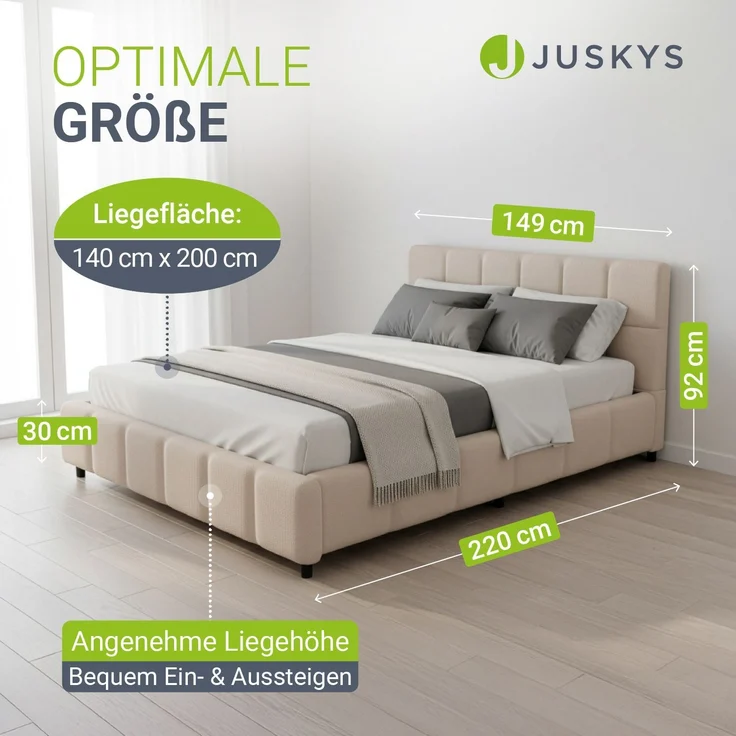 Juskys Polsterbett Florenz 140 x 200 cm – Bouclé, modernes Bett mit Kopf- & Fußteil, stabilem Holz- & Metallrahmen, Lattenrost, 500 kg Tragkraft – Beige – Bild 3